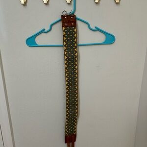 Yellow, Green, and Brown Patterned Stretch Belt with Leather Accent